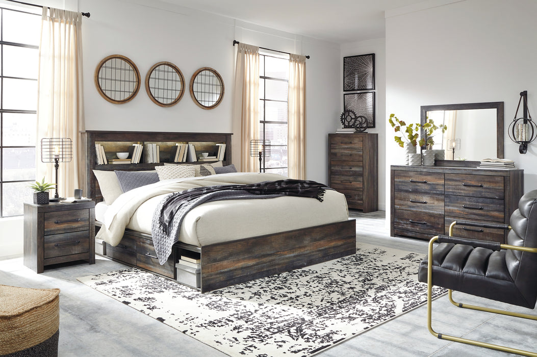 Drystan King Bookcase Bed with 2 Storage Drawers with Mirrored Dresser, Chest and 2 Nightstands