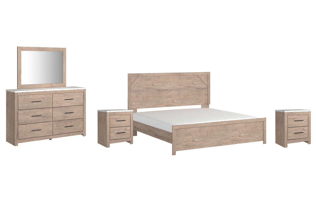 Senniberg King Panel Bed with Mirrored Dresser and 2 Nightstands