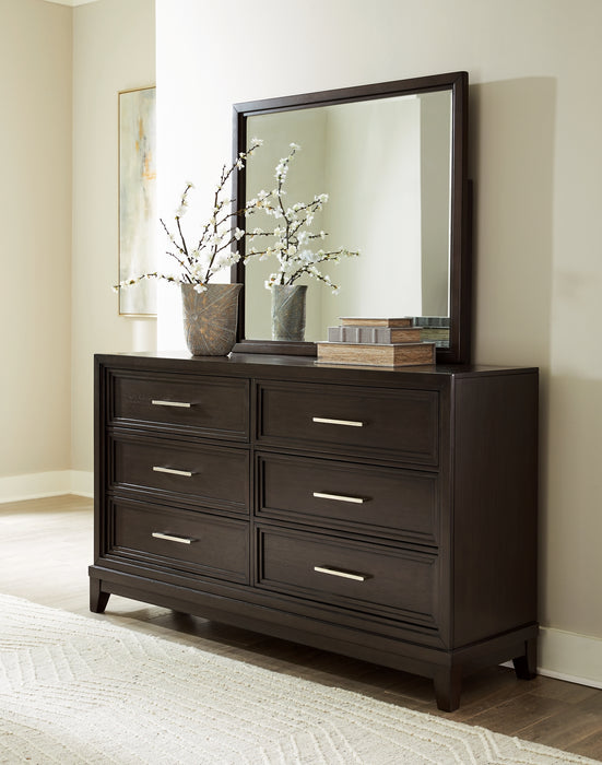 Neymorton California King Upholstered Panel Bed with Mirrored Dresser, Chest and Nightstand