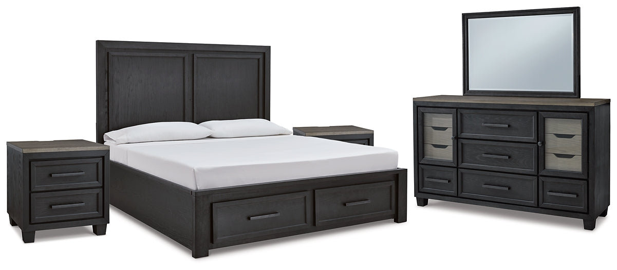 Foyland California King Panel Storage Bed with Mirrored Dresser and 2 Nightstands